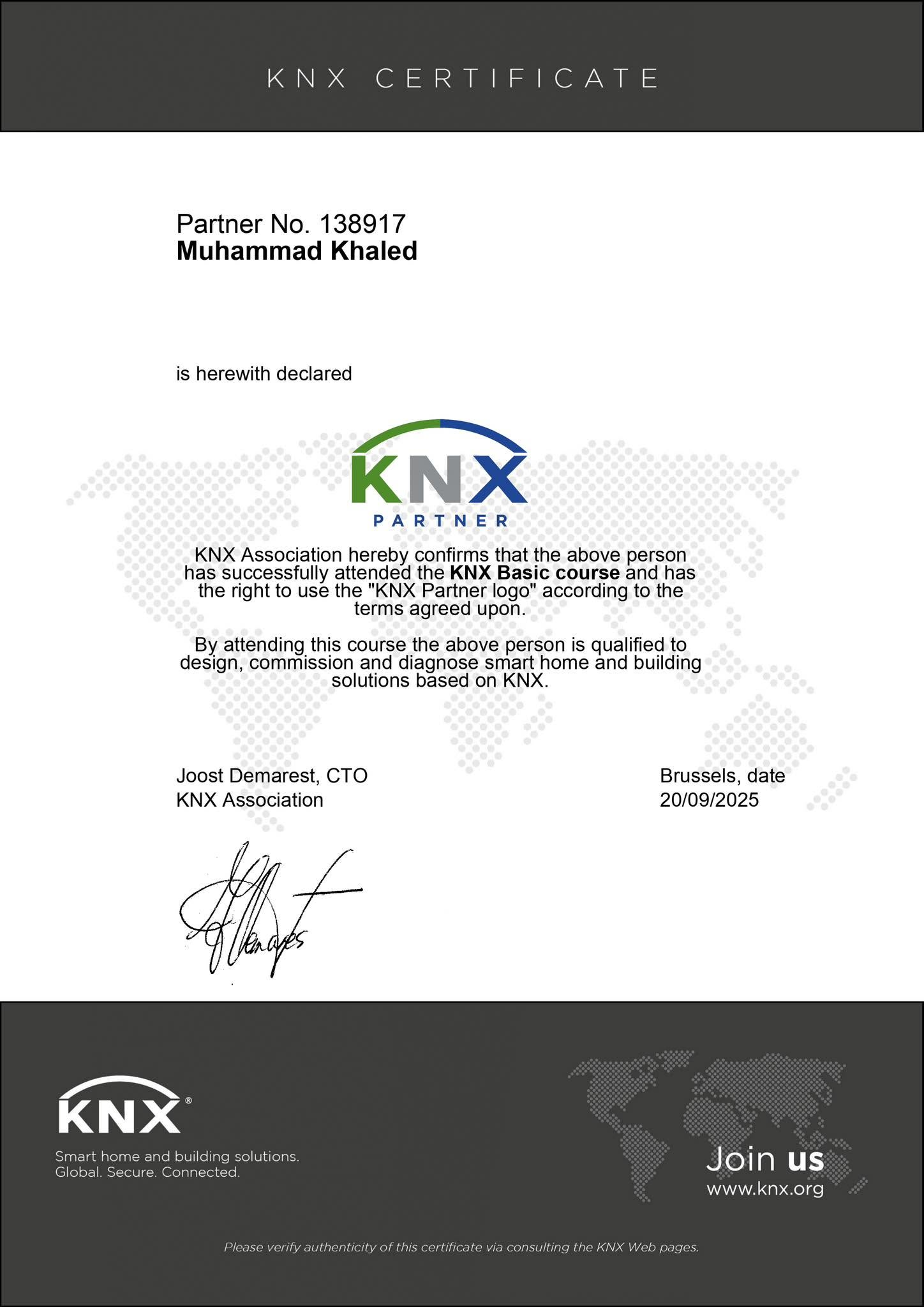 شهادة KNX Partner باسم محمد خالد، رقم الشريك 138917